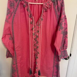 Velzera Pink and Gray Ruffled Tie Front Tunic
